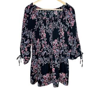 Roz & Ali Floral Pleated Top Womens Size 2X Crinkle Black Tunic Peasant Career